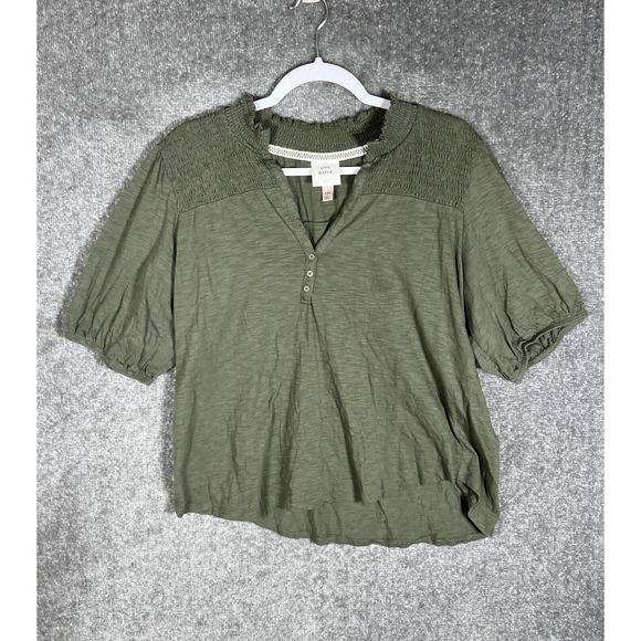 Knox Rose Puff Sleeve V-Neck Smocked Top Womens Size XXL Shirt‎ Olive Green - Picture 2 of 11